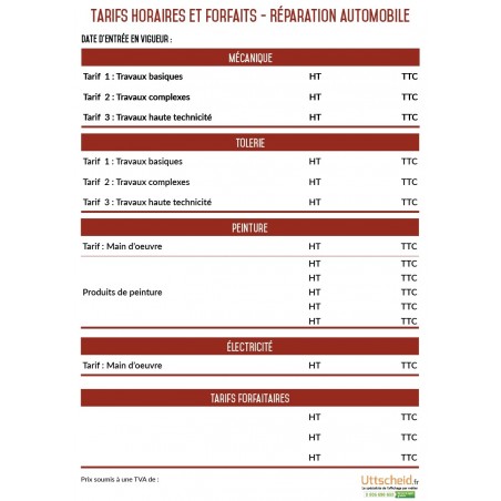 Affichage des tarifs horaires des réparations automobiles - A4 