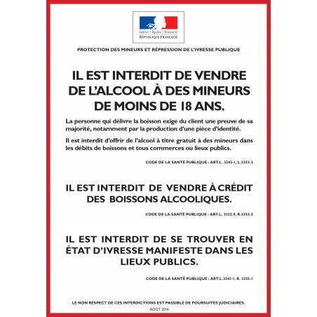 ALCOOL - PROTECTION DES MINEURS ET RÉPRESSION DE L'IVRESSE - Vente à emporter - Autocollant vinyl waterproof - L.148 x H.210 mm