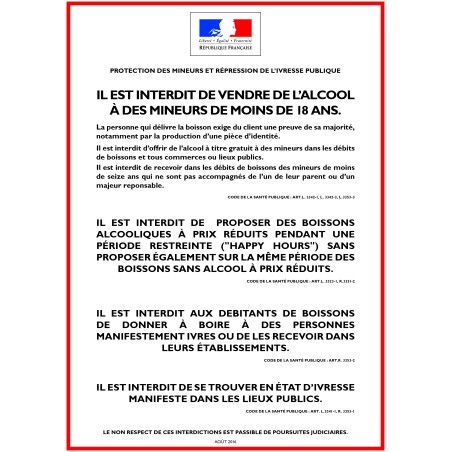 ALCOOL - PROTECTION DES MINEURS ET RÉPRESSION DE L'IVRESSE - Consommation sur place - Autocollant waterproof - L.148 x H.210